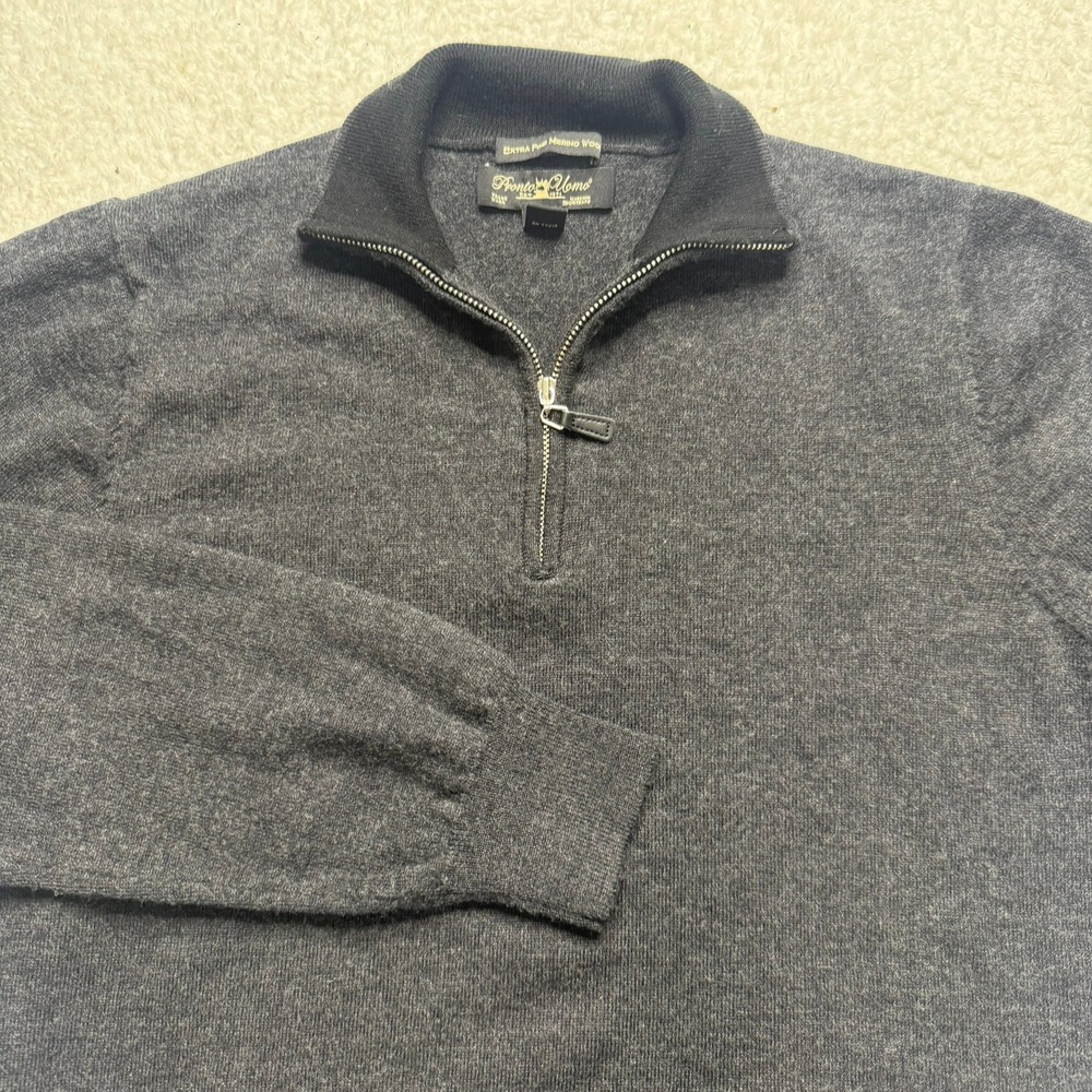 Pronto Uomo Mens Large (fit small) Gray 100% Merino Wool 1/4 Zip Sweater